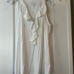 Lilly Pulitzer sleeveless white cotton blouse with neckline ruffle